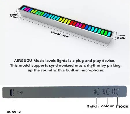Smart RGB Rhythm Sound Bar – LED Music Ambient Light for Car, Desk & Gaming, 18 Colors, 9 Modes