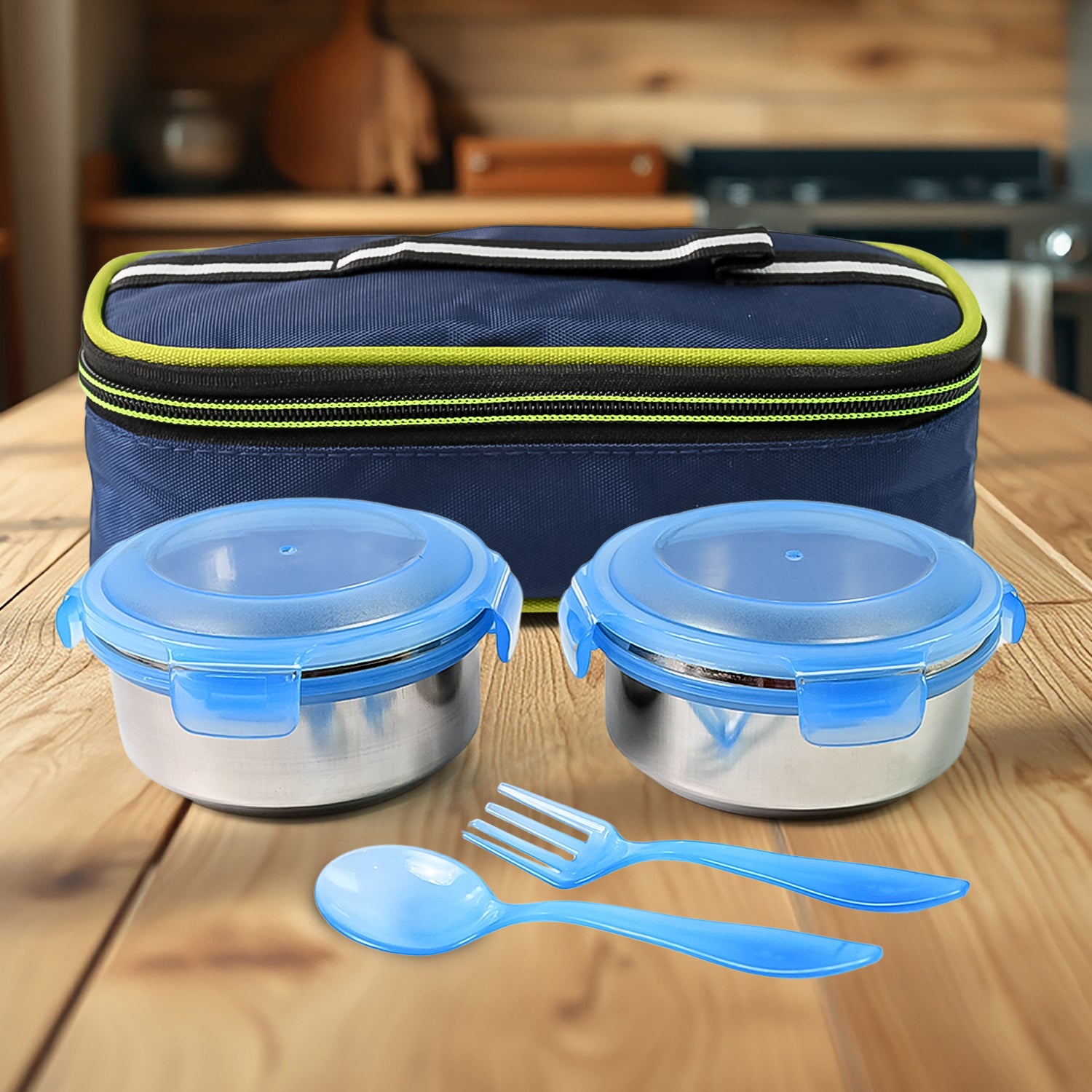 Bite Lunch Box With Insulated Fabric Lunch Bag  Plastic Spoon Fork - LootFaat