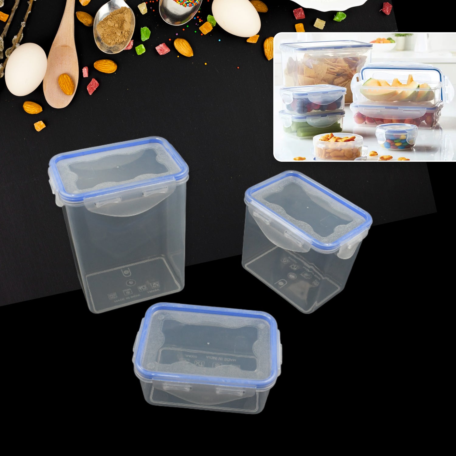 Kitchen Storage Container Set With Food Grade Plastic And Air Seal Lock Lid For Storage Of Grocery Spices Dry Fruits Use For Home Office Restaurant Canteens (3 Piece Set) - LootFaat