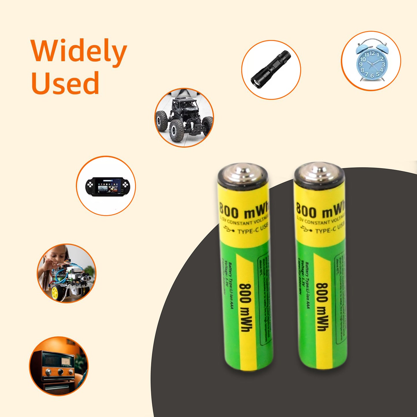 AAA Rechargeable Batteries (800mWh, 2-Pack with Cable)