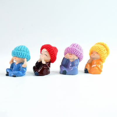 Decorative Resin Monk Buddha Showpiece Set Of 4 With Traditional Straw Hats