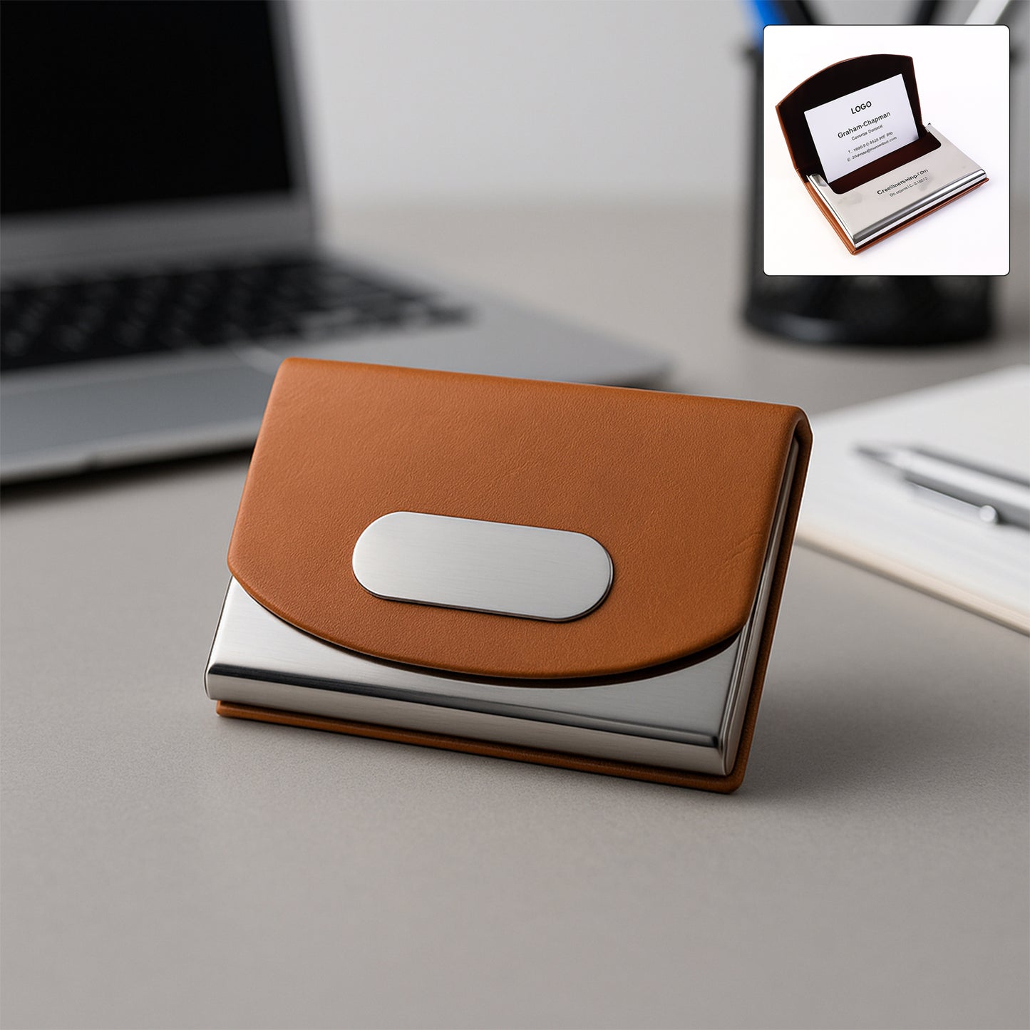 Leather  Stainless-steel Business Card Holder (1 Pc)