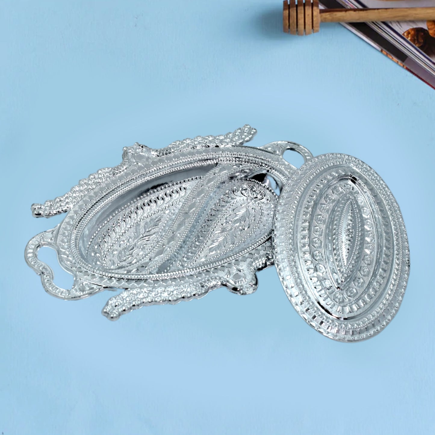 Plastic Peacock Dry Fruit Silver Finish Serving Tray - LootFaat