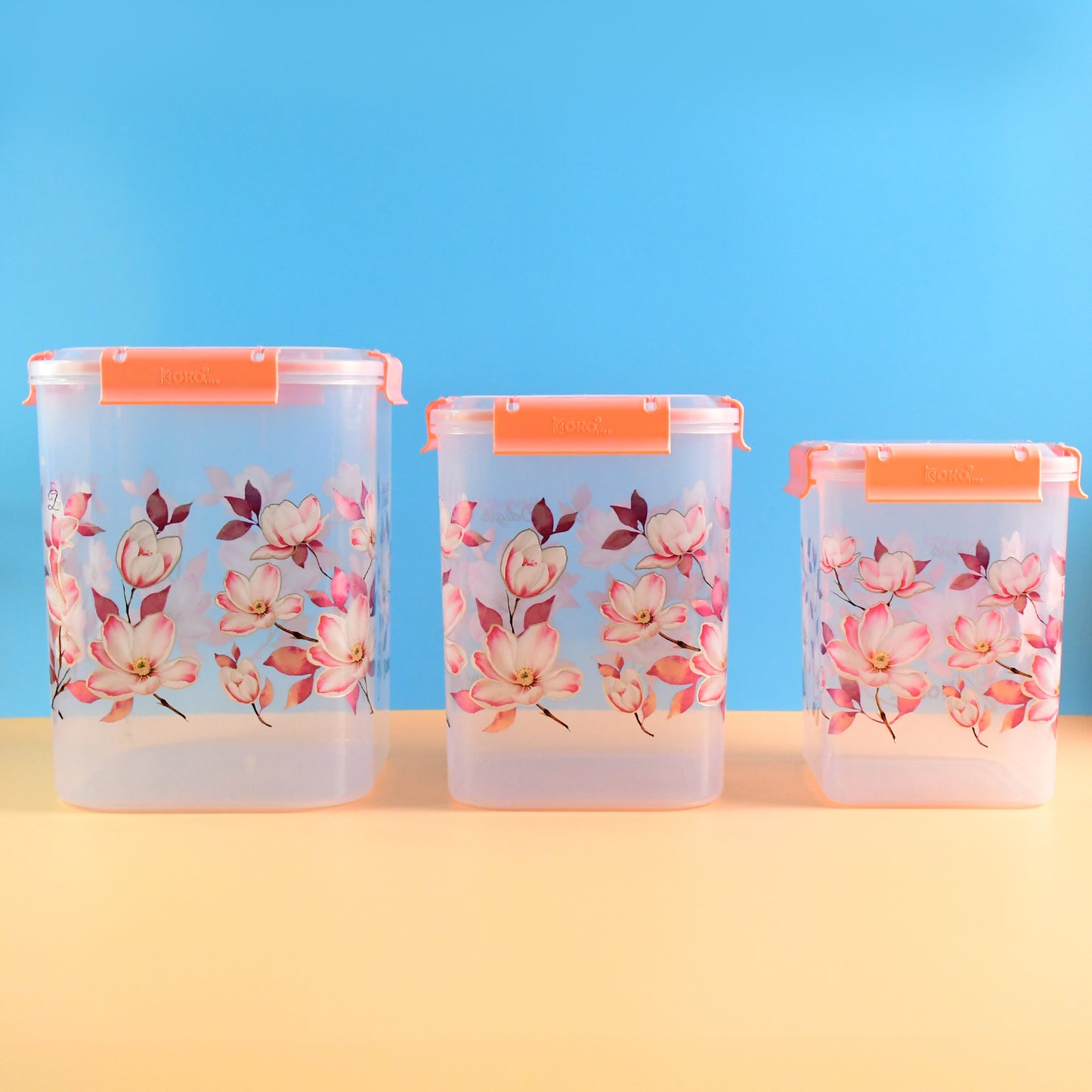 Square 3 Pcs Floral Printed Airtight Storage Container Set  Approx 2.8 Ltr 4.5 Ltr 6.9 Ltr (3 Pcs Set)