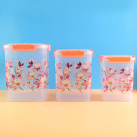Square 3 Pcs Floral Printed Airtight Storage Container Set  Approx 2.8 Ltr 4.5 Ltr 6.9 Ltr (3 Pcs Set)