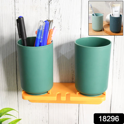 Wall Mount Toothbrush Holder with 2 Cups - Self Adhesive Bathroom Organizer