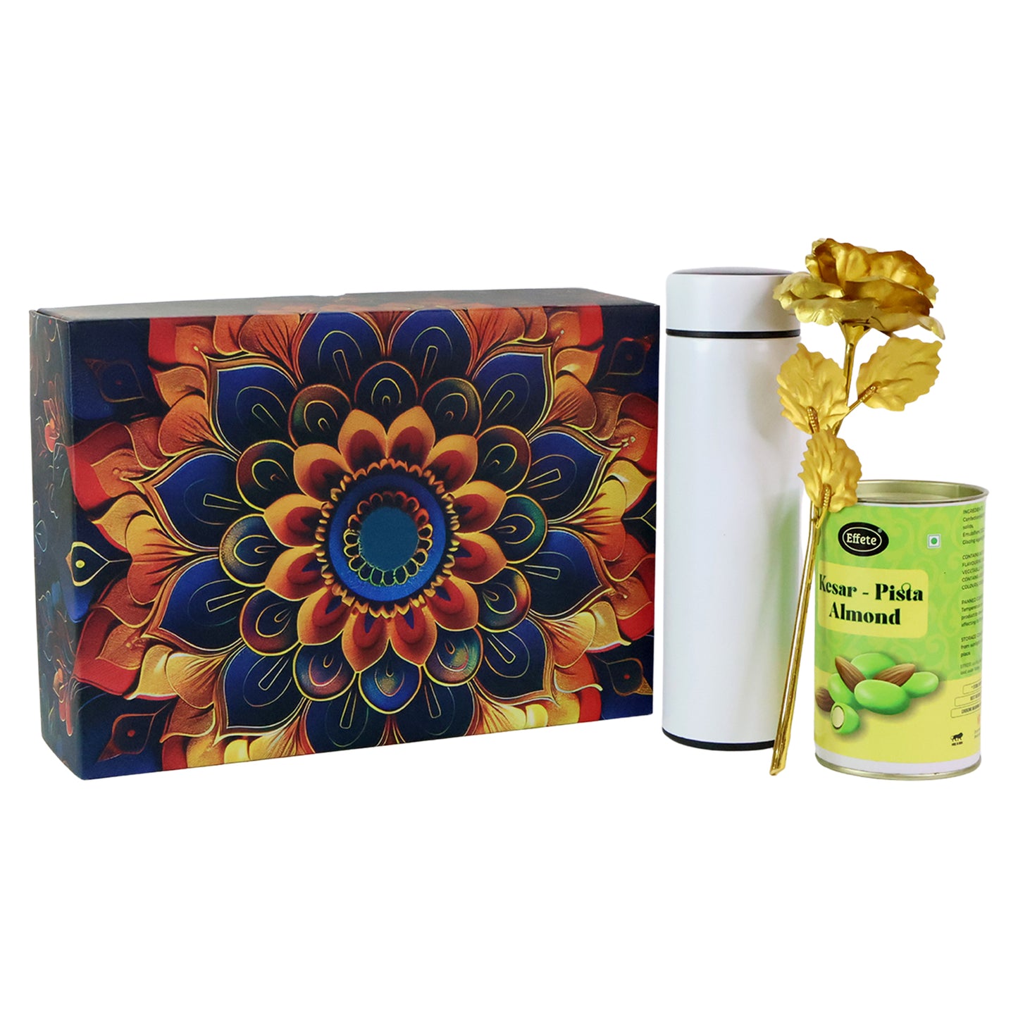 Kesar Pista Almonds Gift Set: Golden Rose & Bottle (3 Pcs)