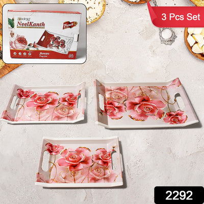 Plastic Rectangular Shape Flower Printed Design Serving Tray 3 Pcs Home And Kitchen Use (3 Pcs Set)