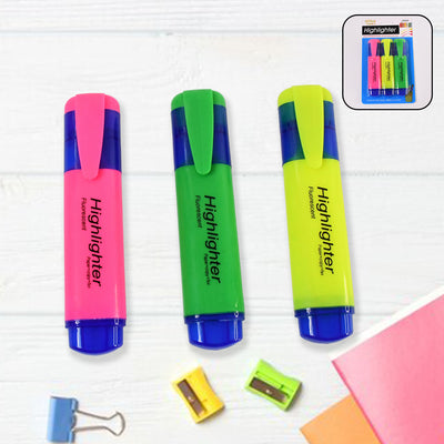 Assorted Color Highlighter Pens - Broad Tip, Water Based, 3-Piece Set