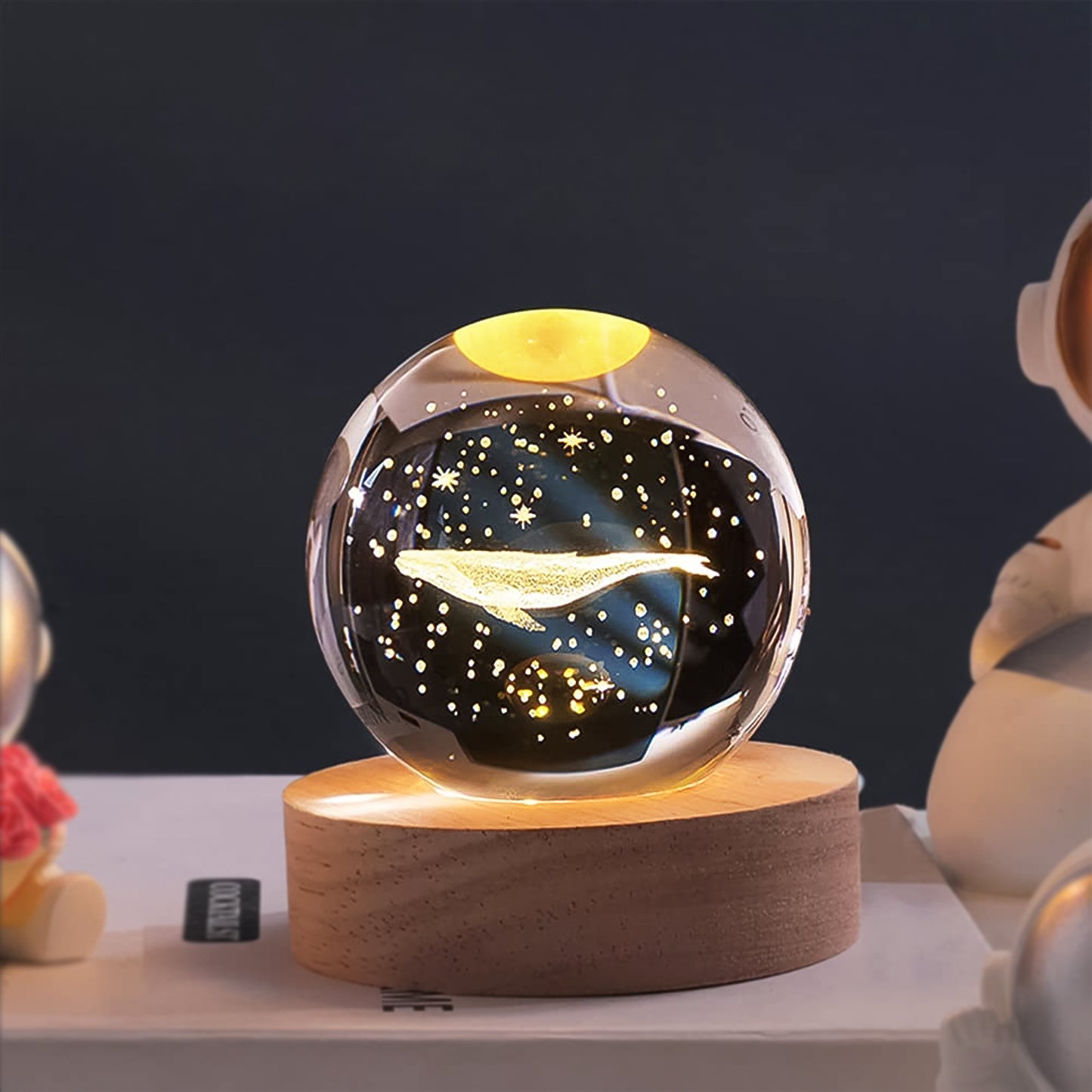 3D Crystal Ball Fish Lamp - Night Light with Wooden Base