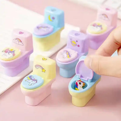Toilet Shaped Pencil Sharpener - Novelty Cartoon Sharpener with Eraser Wheel (2 Pcs) - second image