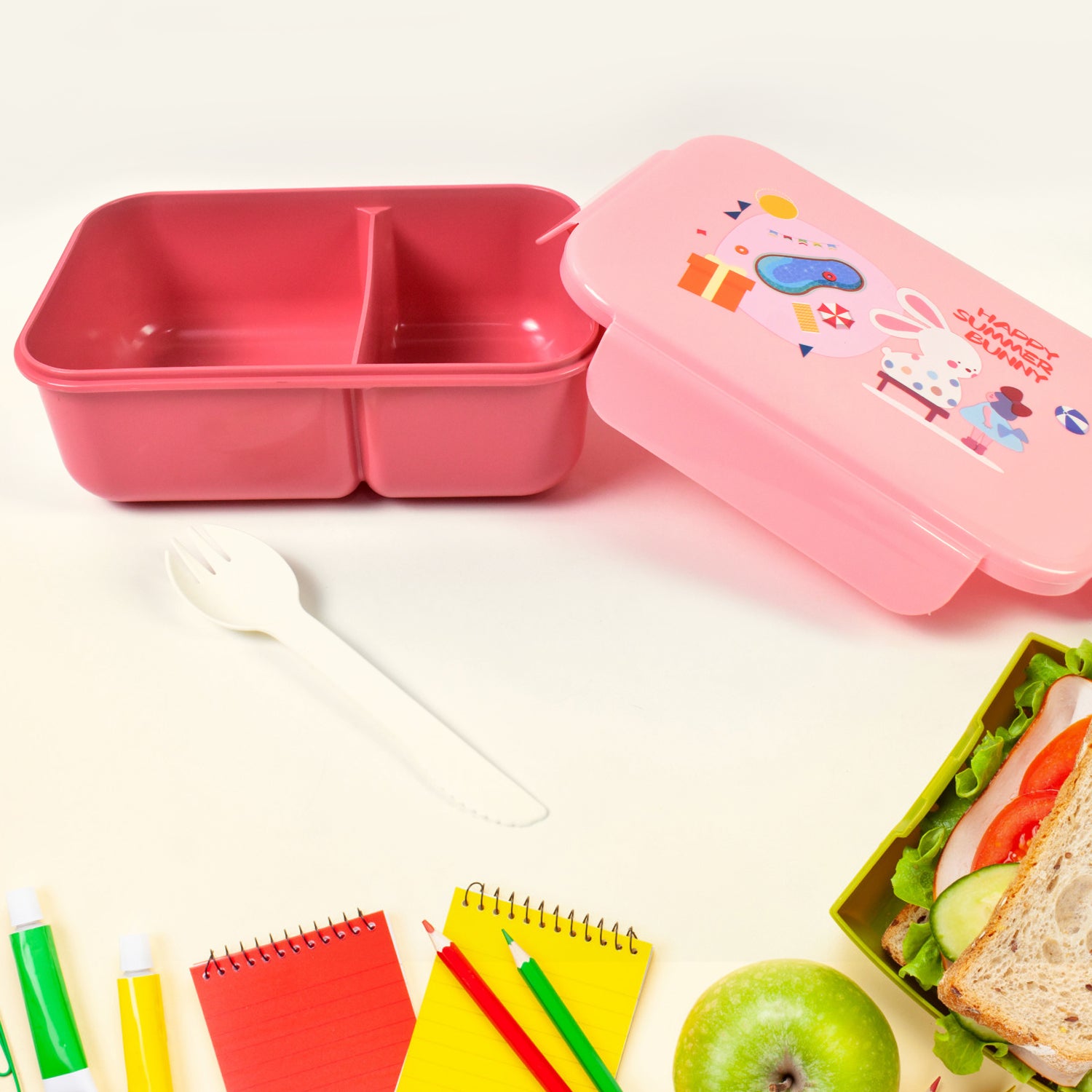 Plastic Lunch Box Leak Proof 2 Compartment With Bottle And Fork (1 Set  Mix Color) - LootFaat