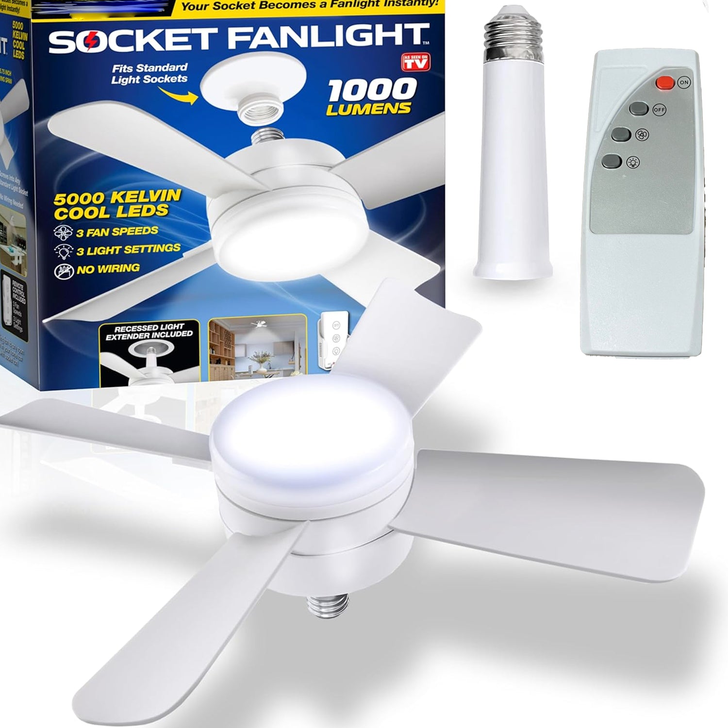 Socket Fan Light Original - Cool Light Led  Ceiling Fans With Lights And Remote Control Replacement For Lightbulb - Bedroom Kitchen Living Room1000 Lumens  5000 Kelvins Cool Leds (Remote Battery Not Included) - LootFaat