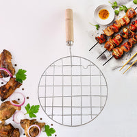2085 Kitchen Round Stainless Steel Roaster Papad Jali Barbecue Grill With Wooden Handle