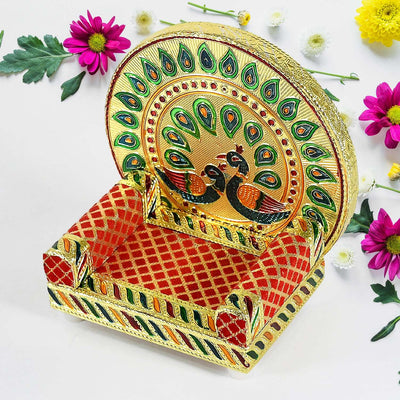 Meenakari Work Laddu Gopal Singhasan For Pooja Mandir Wooden Krishna Ladoo Bal Gopal Sofa Asan Home Decorative Premium Look Decorative Singhasan Suitable For Home Office Restaurant (2 Pc Set) - second image