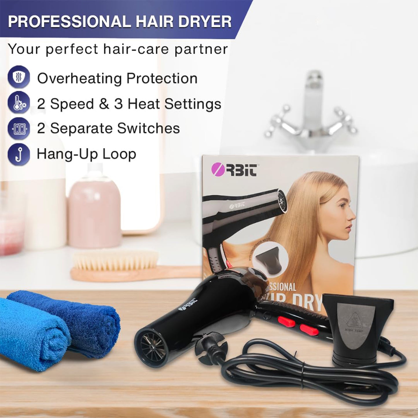 Orbit Professional Hair Dryer with Concentrator Nozzle - Hot & Cold Air