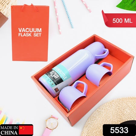 Vacuum Flask Set Stainless Steel Thermos With 3 Cup Creative Gift Set With Cover Handle Portable Car Water Bottle Set (Approx 500ml) - LootFaat