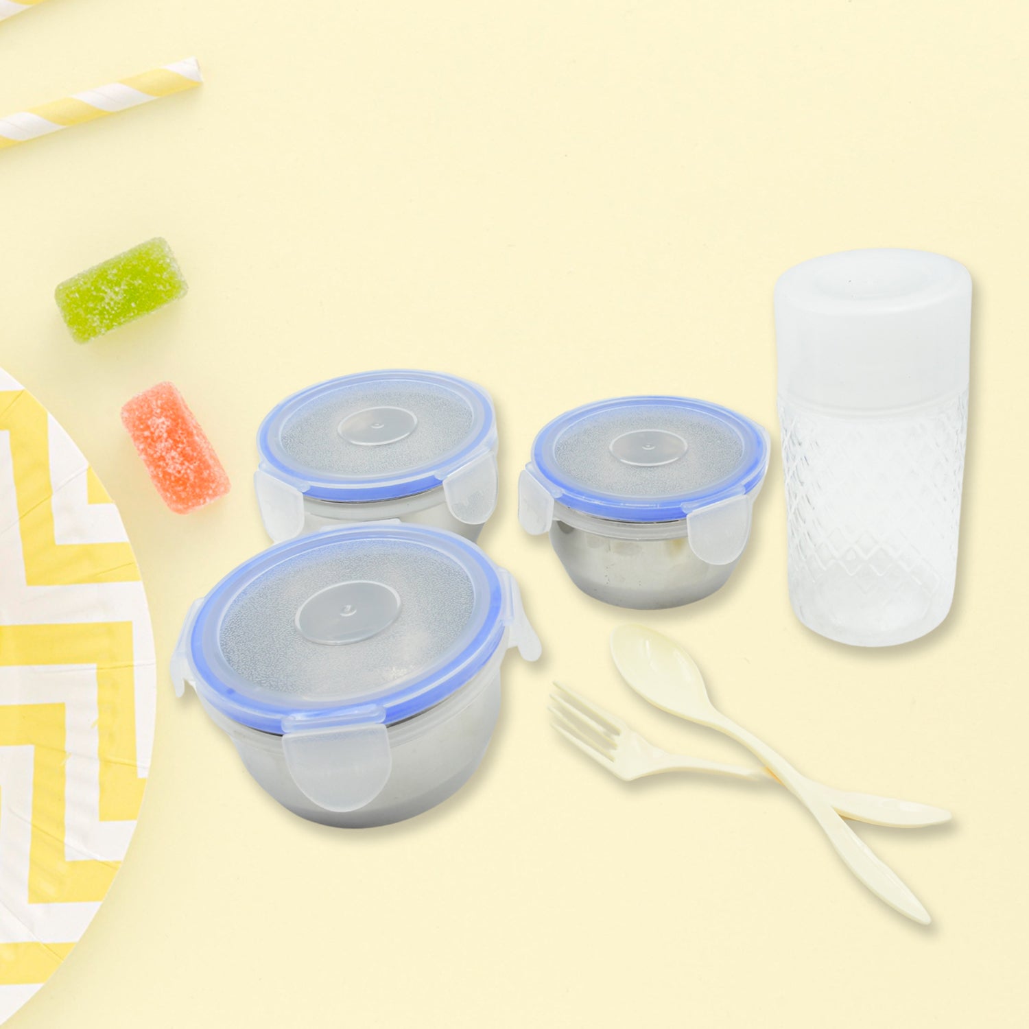 6in1 Tiffin Box-lunch Box  3 Stainless Steel Containers  Plastic Lid Box  Spoon  Fork Plastic Bottle  Insulated Fabric Bag  Leak Proof  Microwave Safe  For Office College And School For Men Women (6 Pcs) - LootFaat