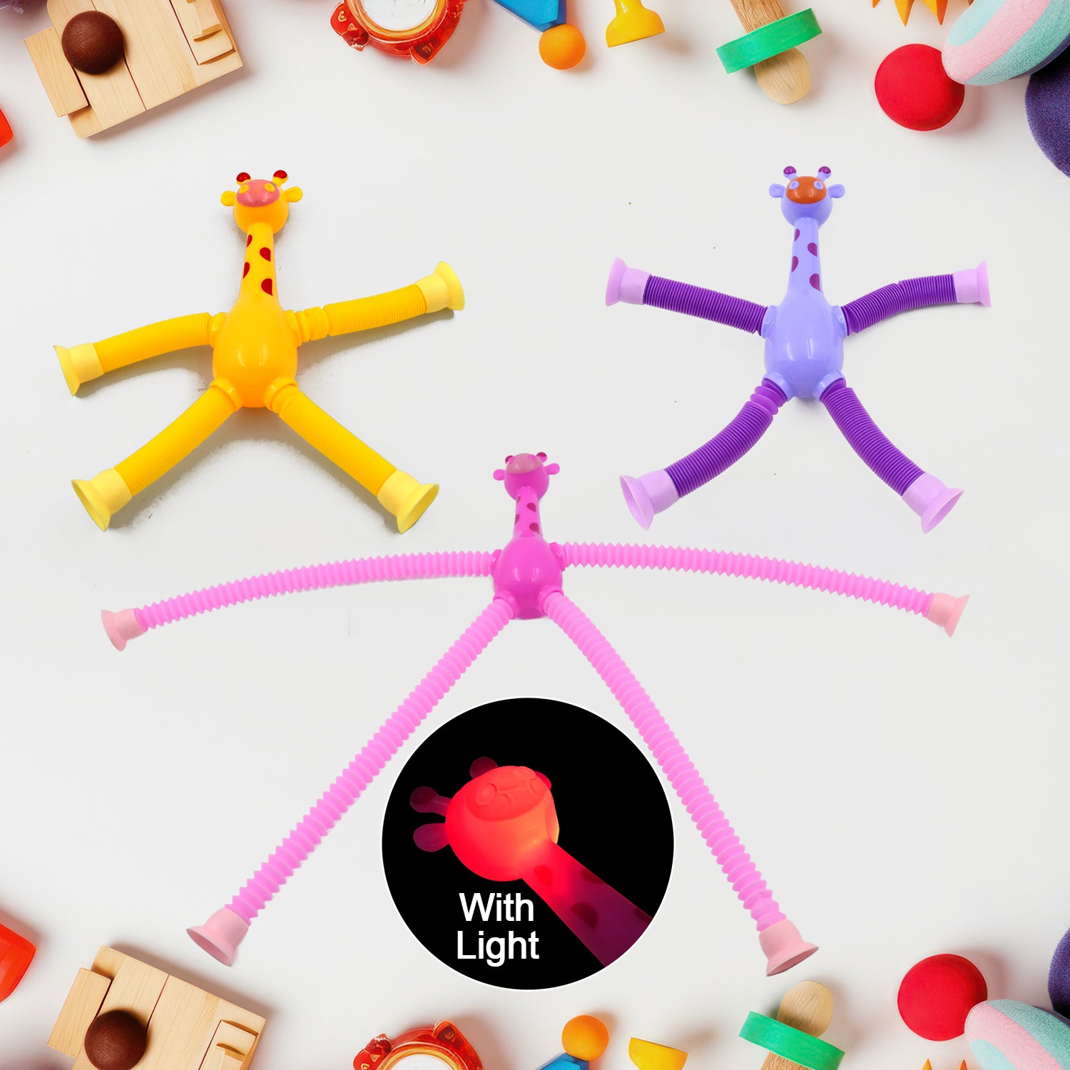 Led Telescopic Suction Cup Giraffe Toy Pop Tubes Fidget Toys Shape Changing Telescopic Sensory Tubes Fidget Tubes Sensory Toys Suction Toy Funny Gift (3 Pcs Set) - LootFaat