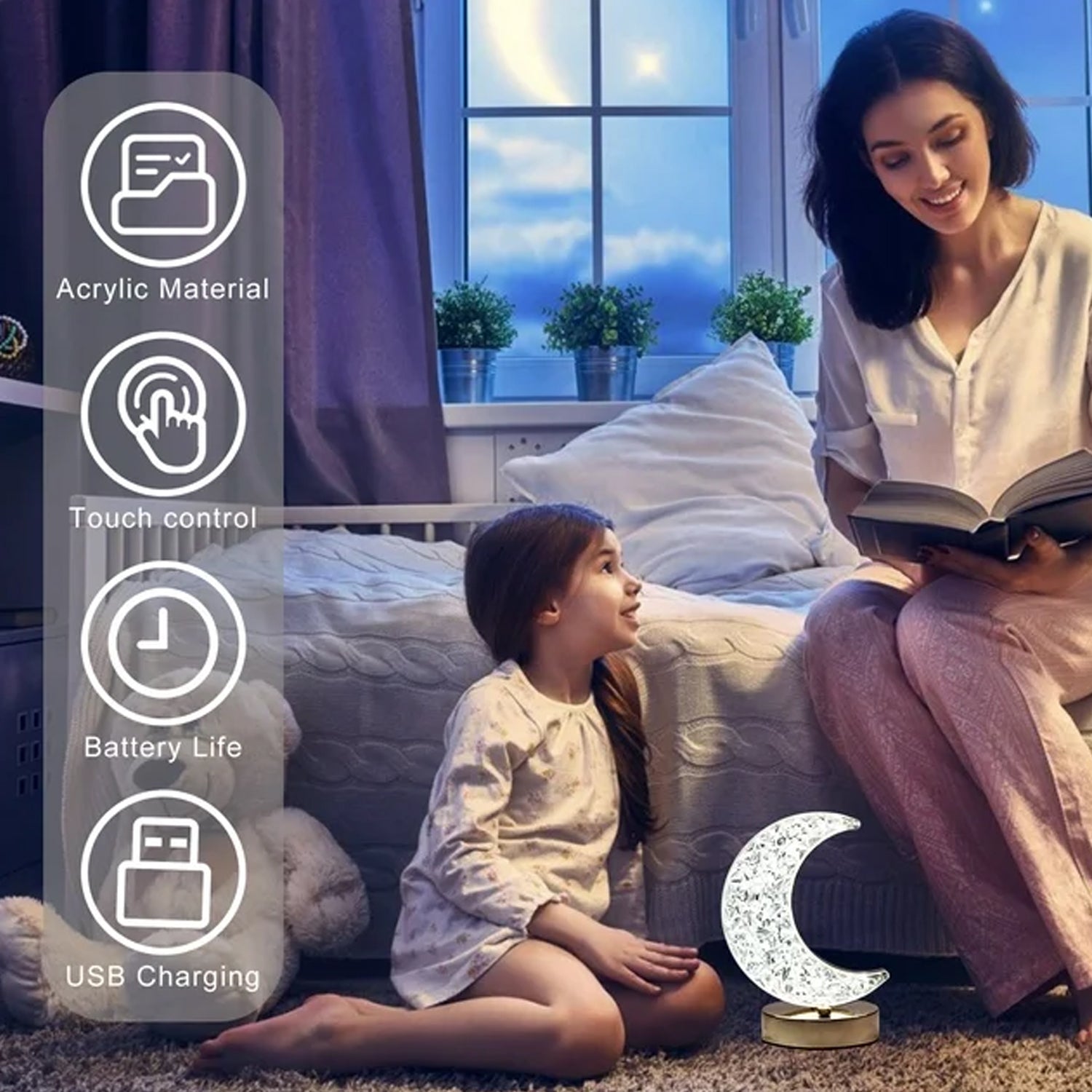 Crystal Table Lamp  Moon Shape Touch Control Lamp With 3 Color  Metal Bedside Lamp For Kids Bedroom Romantic Desktop Nightstand  Stepless Dimming Usb Charging Touch Night Light - LootFaat
