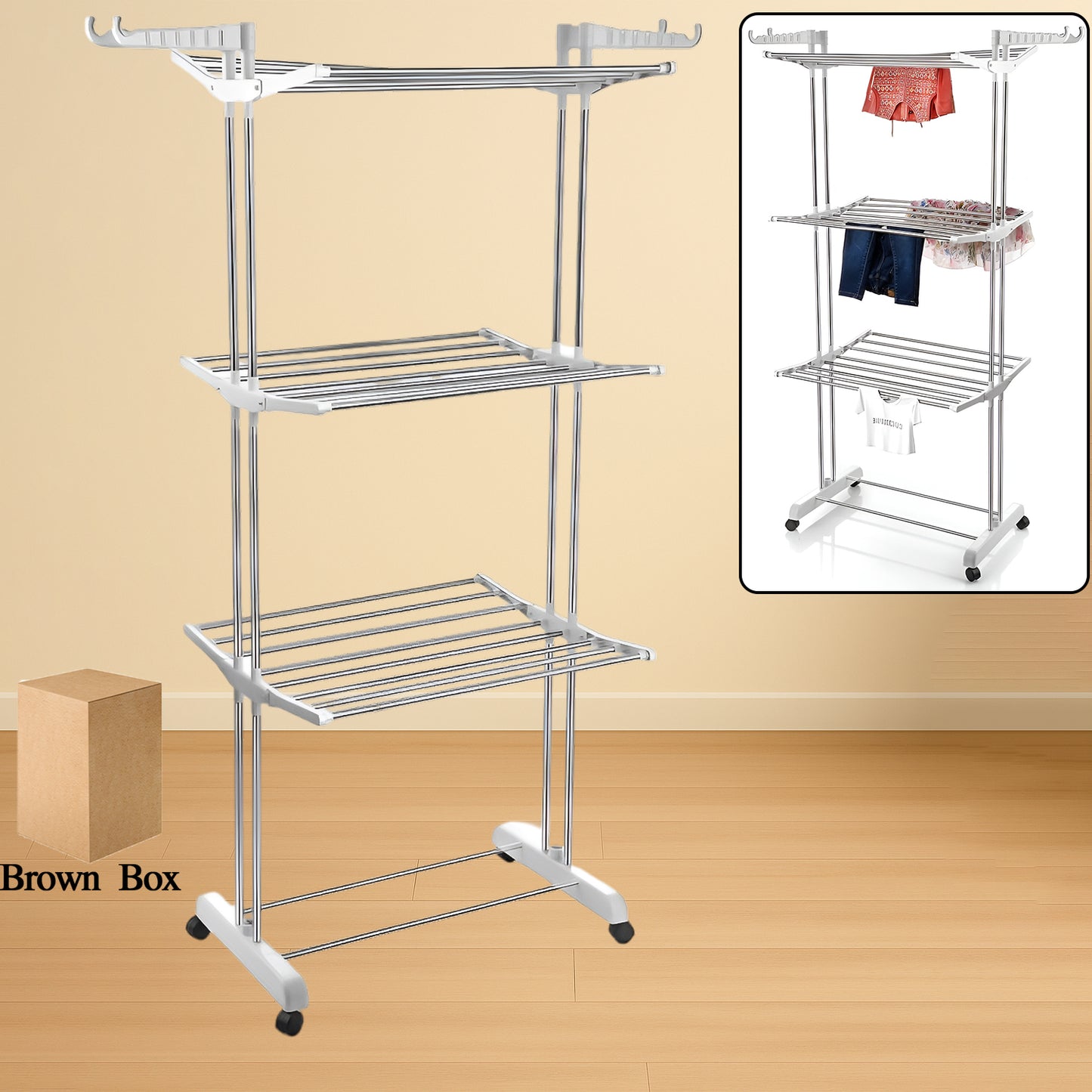 3-Tier Foldable Stainless Steel Clothes Drying Rack with Wheels