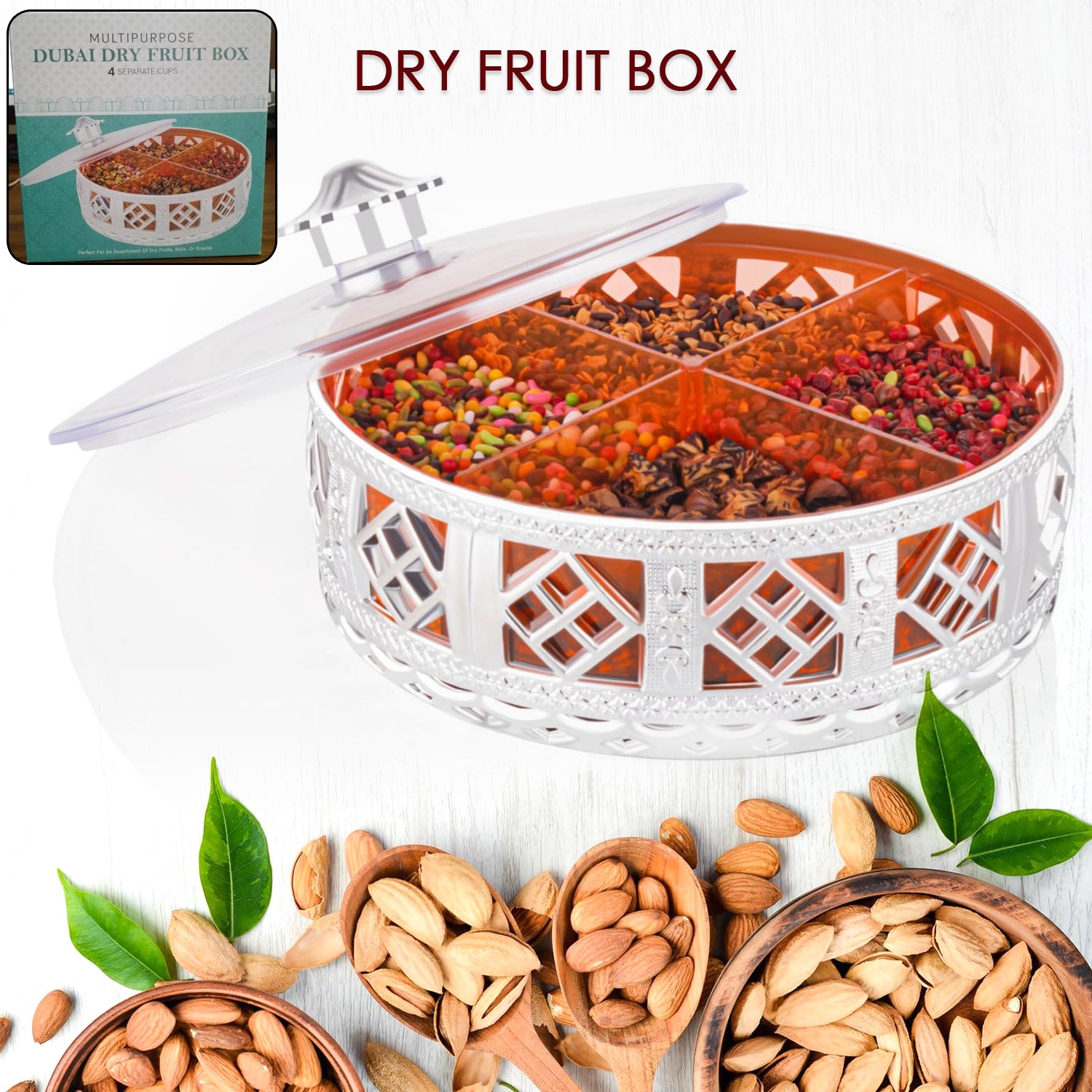 Multipurpose Dry Fruit Box 4 Section Dry Fruit Round Silver Gift Box (1 Pc) - LootFaat