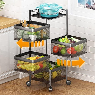 Rotating Kitchen Trolley Organizer - 3/4 Tier Metal Storage Rack with Wheels