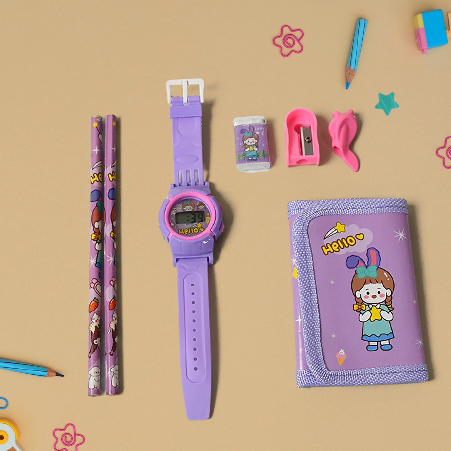 Stationery Set For Girls And Boys  Kids Return Gift - 7 In 1 School Items For Kids-pencils Eraser Sharpener Pouch Pencil Extender  Birthday Gift Idea Stationary Kit Set For School Kids (Pack Of 7 Pcs Set) - LootFaat