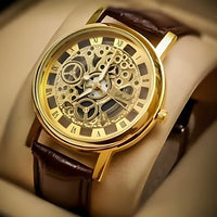 Leather Transparent Analog Gold Dial Brown Strap Men's & Boy's Watch
