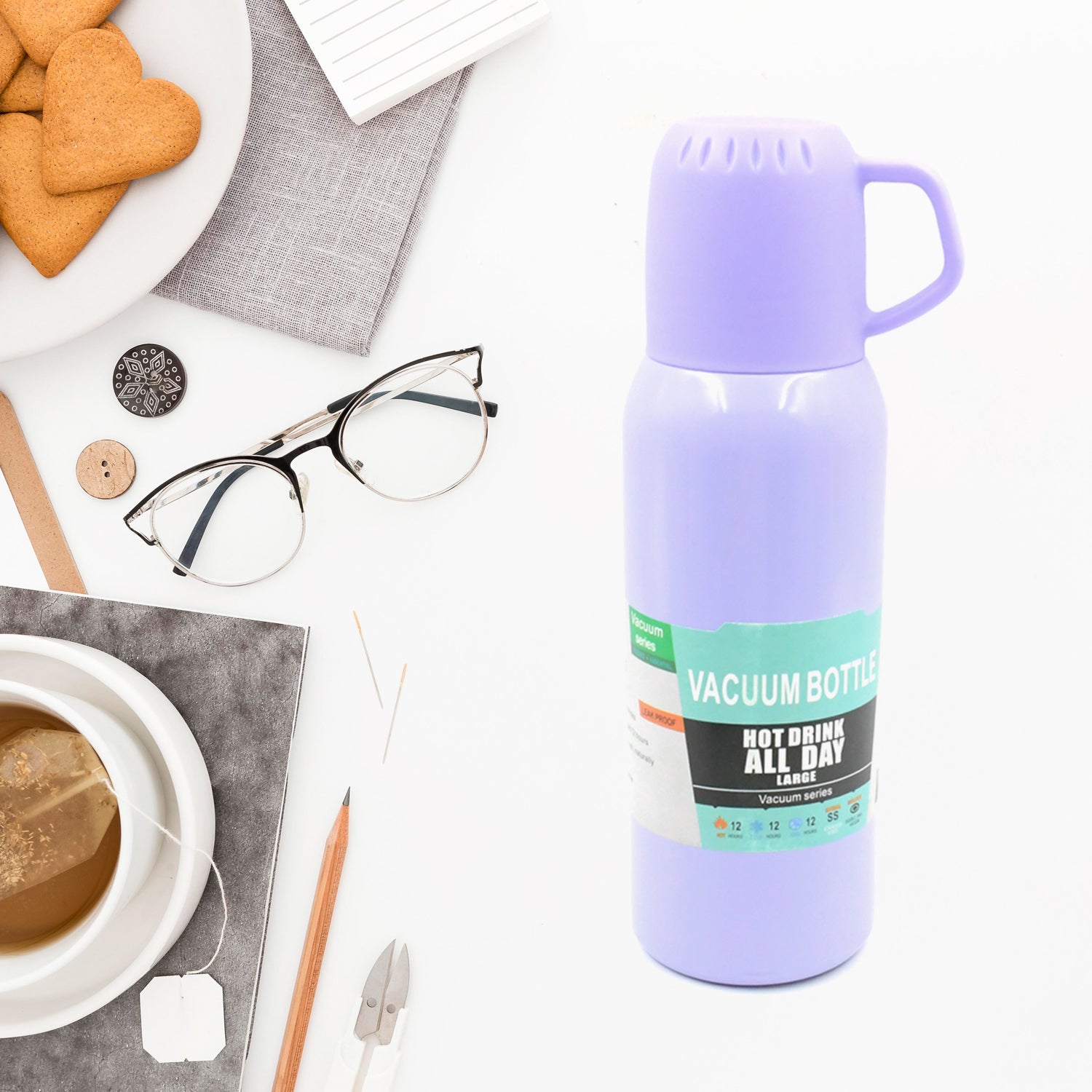 Vacuum Flask Set Stainless Steel Thermos With 3 Cup Creative Gift Set With Cover Handle Portable Car Water Bottle Set (Approx 500ml) - LootFaat