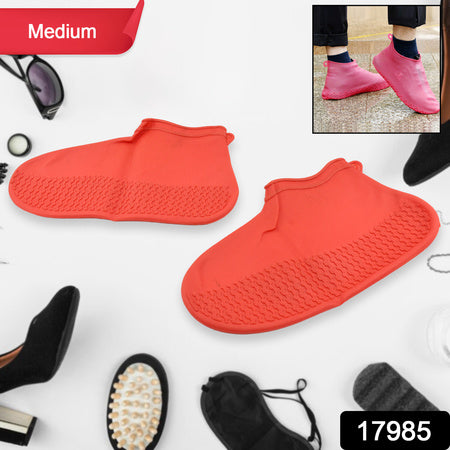17985 Non-slip Silicone Rain Reusable Anti Skid Waterproof Fordable Boot Shoe Cover (Medium Size  1 Pair  Red)