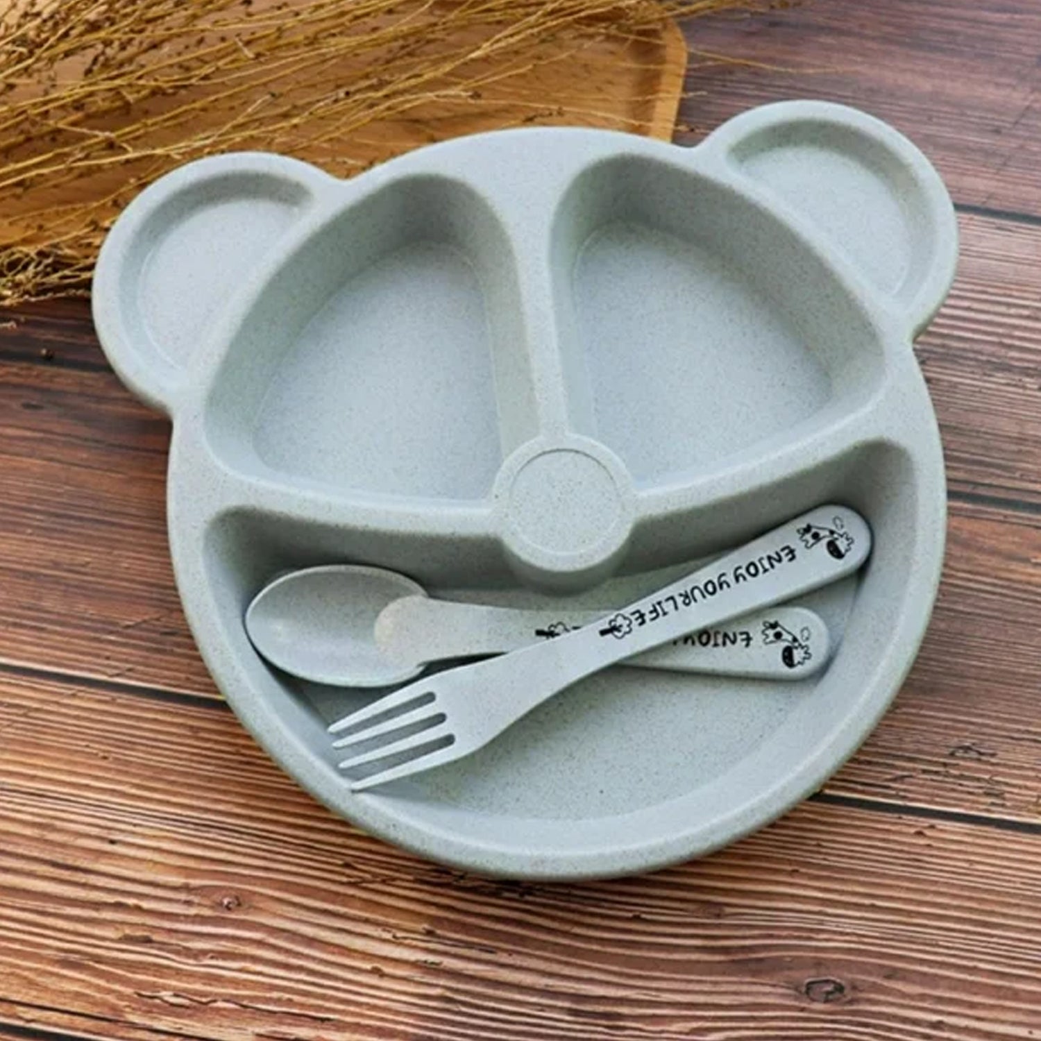 Kids 3 Compartment Food Tray  Plates With Spoon  Fork (1 Set) - LootFaat